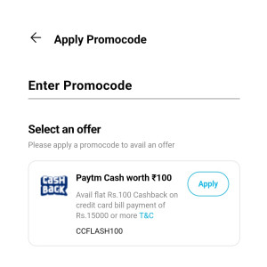 Paytm Credit card bill payment Offer: Pay Credit card of 15000 and get 100 cashback